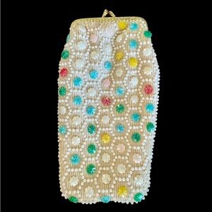 Vtg Pastel Candy Dot Beaded Cigarette Case Bag Floral Pouch Wallet 1960s